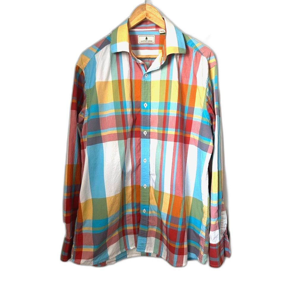 Colorful Cotton Poplin Madras Plaid Shirt Southern Pines Blue Pink Yellow Mens L - Picture 8 of 13